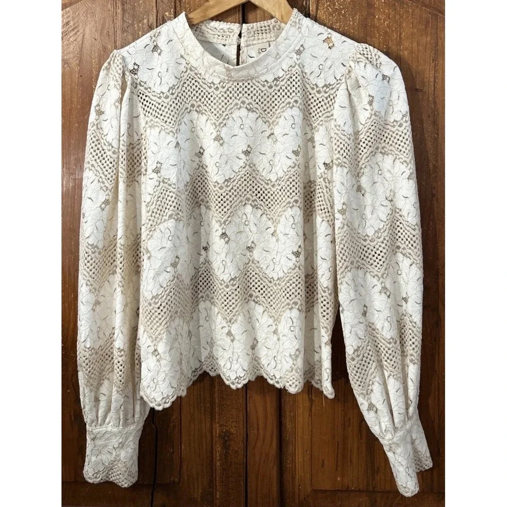 Dolan x Anthropologie Left Coast Mock Neck Long Sleeve Blouse Ivory Lace Small